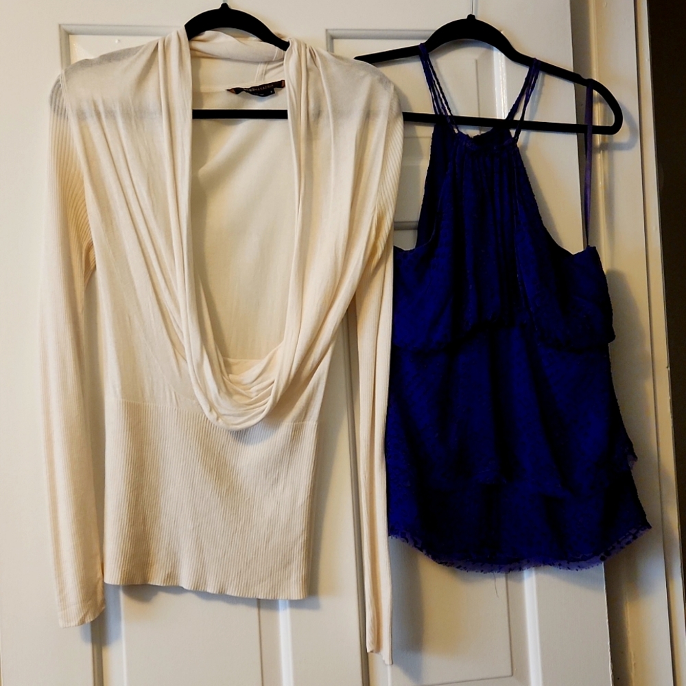 Lot of 2 BCBG Max Azria tops sweater cream purple blouse Sz S